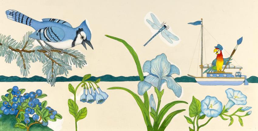 Illustration of blue bird with flowers and dragonfly.