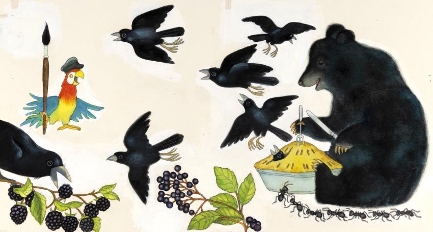 Illustration of black bird and crows eating pie. 