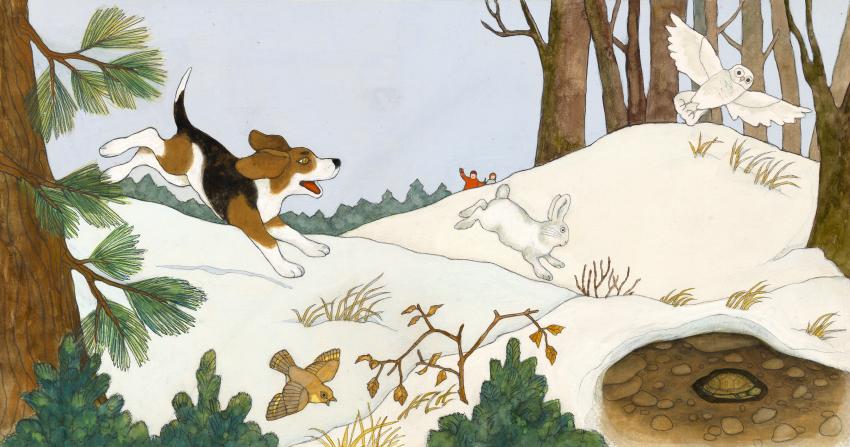 Illustration of dog chasing rabbit through snowy woods. 
