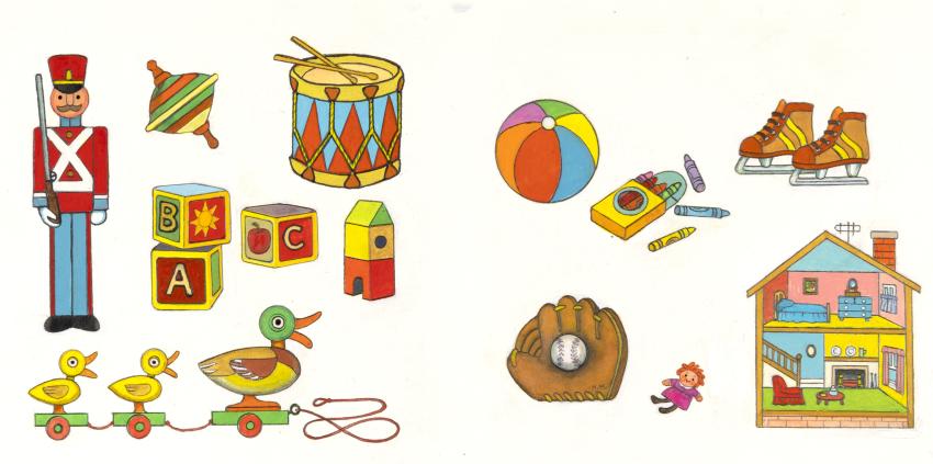 Illustration of toy soldier, blocks, ducks, and other gifts. 