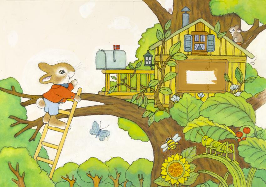 Illustration of rabbit climbing ladder to treehouse. 