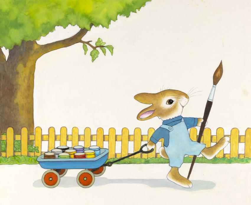 Illustration of rabbit pulling wagon of paint cans. 