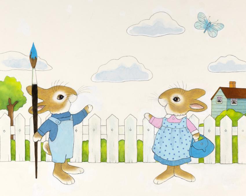 Illustration of two rabbits next to fence holding paint brushes. 
