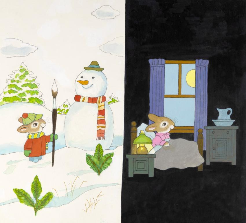 Illustration of rabbit with white paint brush and snowman and another rabbit sleeping in bed. 