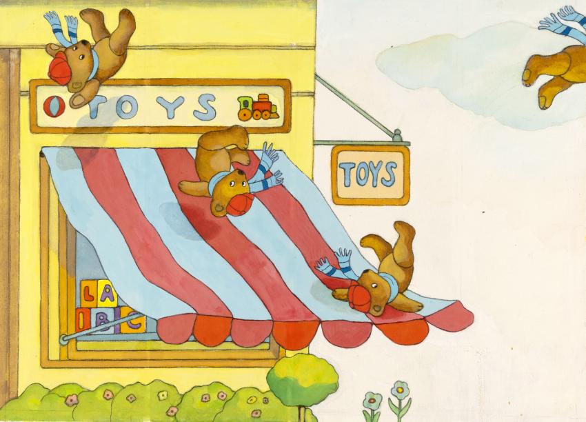Illustration of teddy bears falling out of toy shop. 