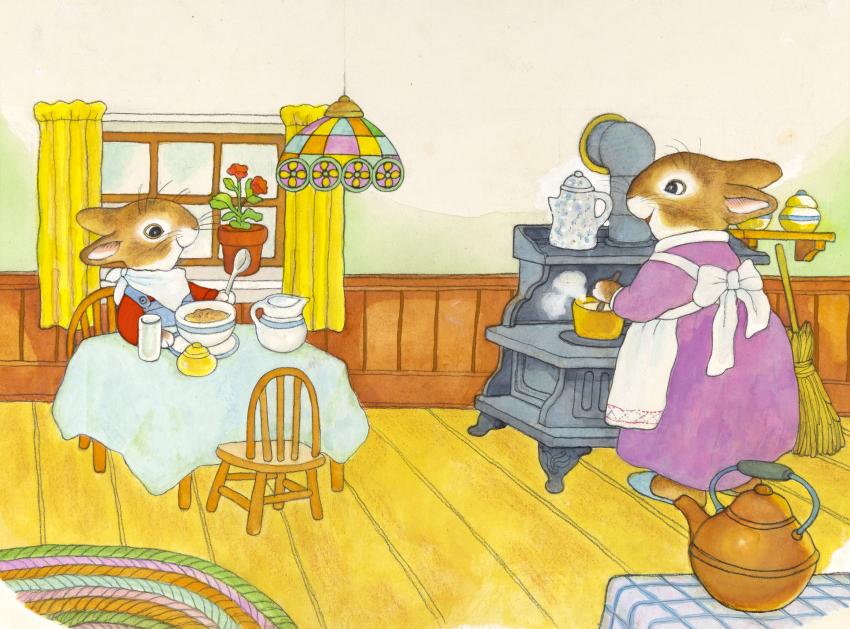 Illustration of rabbit eating breakfast and mother rabbit cooking at stove. 