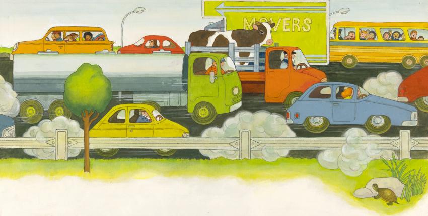 Illustration of cars on busy road. 