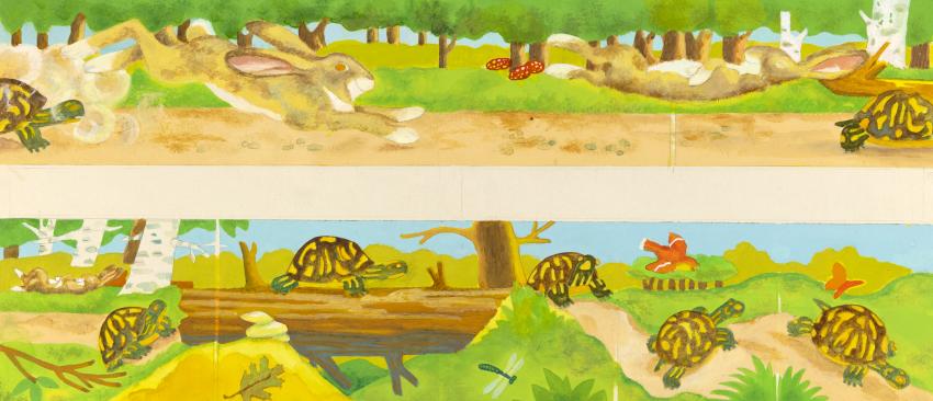 Illustration of turtles in landscape. 