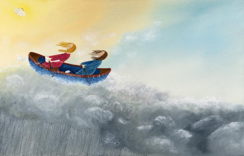 Illustration of two girls in canoe rowing through clouds. 