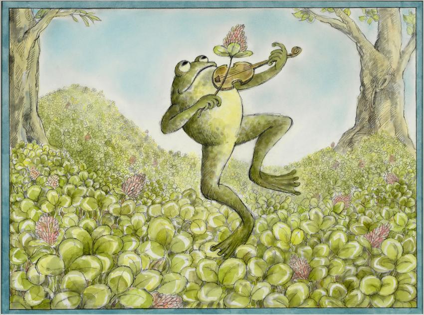 Illustration of frog fiddling in field of clover. 