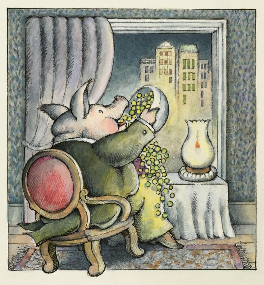 Illustration of pig eating dinner. 