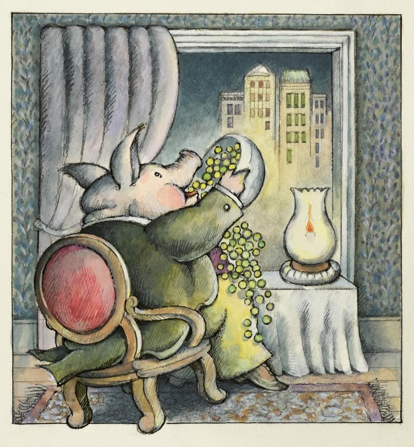 Illustration of pig eating dinner.