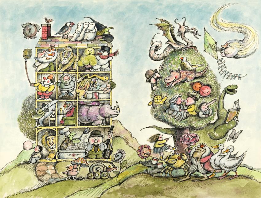 Illustration of animals in surreal landscape.
