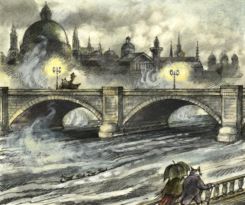 Illustration of bridge at night.