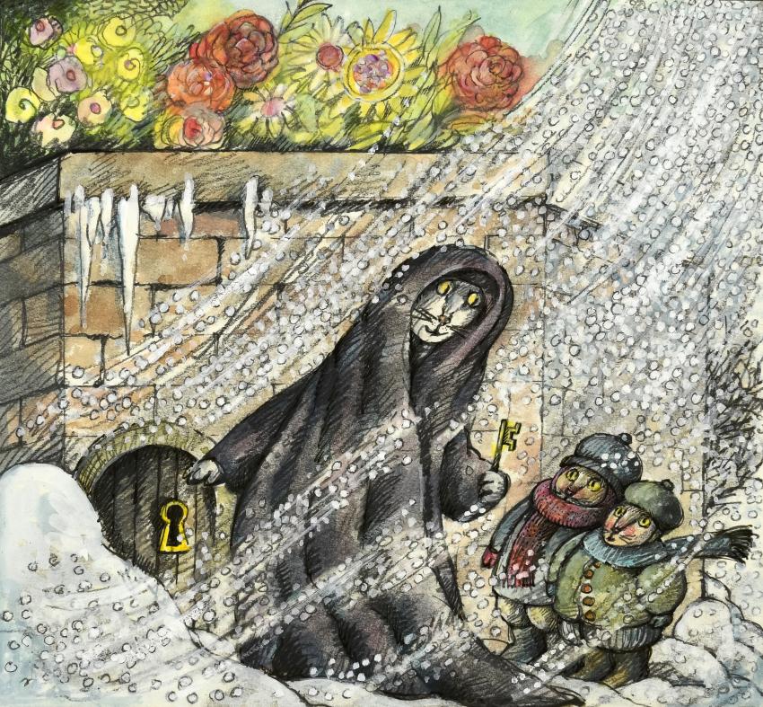 Illustration of cat giving key to guards.