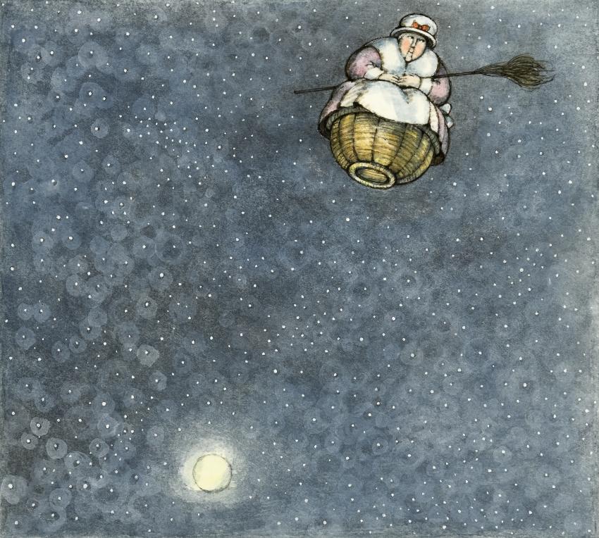 Illustration of woman with broom floating in basket in sky.