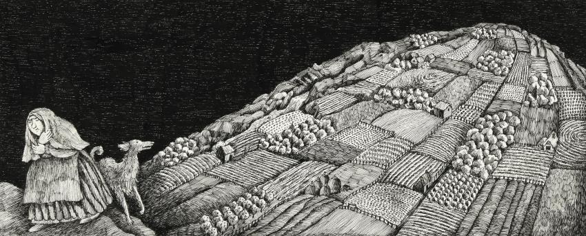 Illustration of woman with vast rural landscape behind her.