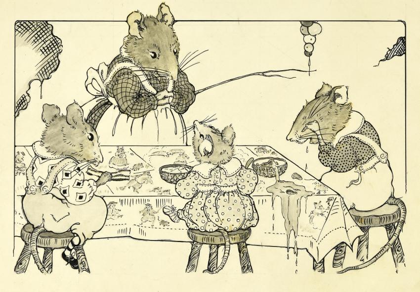 Illustration of mice at table. 