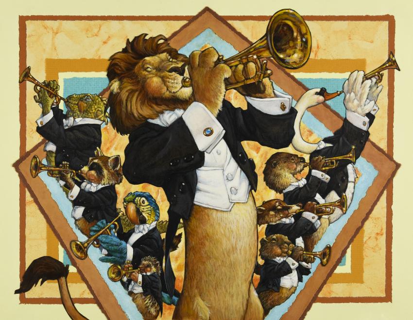 Illustration of Lion and other animals playing orchestral instruments. 