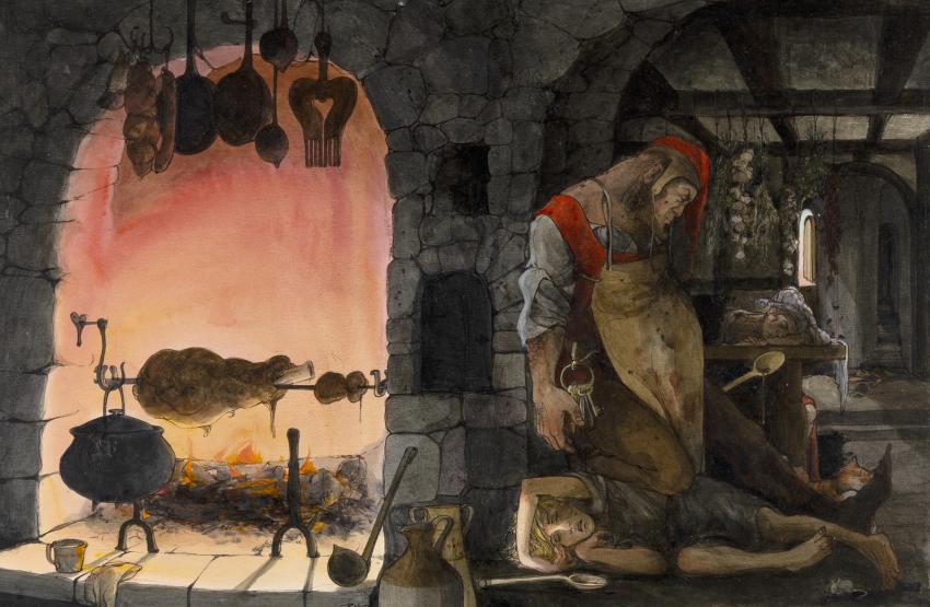 Illustration of man sleeping next to spit fire with roast. 