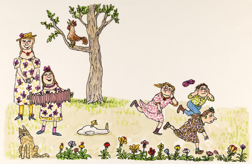 Illustration of girl playing accordion and children running away.
