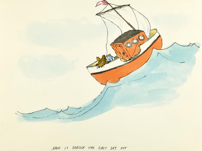 Illustration of mouse in boat on choppy water.