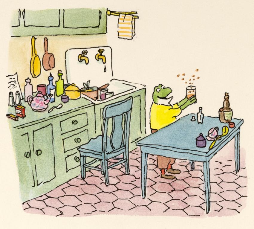 Illustration of frog at table. 