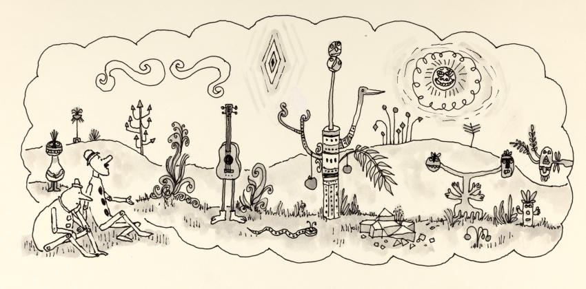 Illustration of two characters imagining surreal landscape.