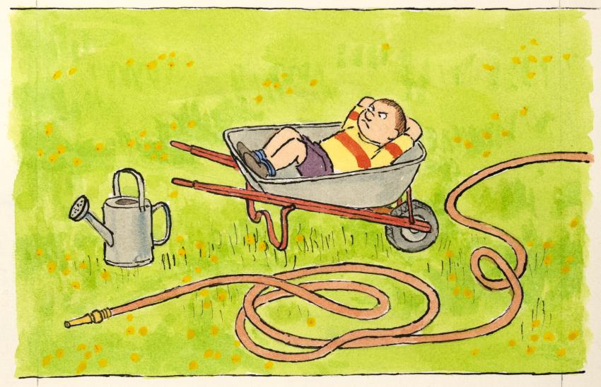 Illustration of grumpy kid laying in wheelbarrow. 