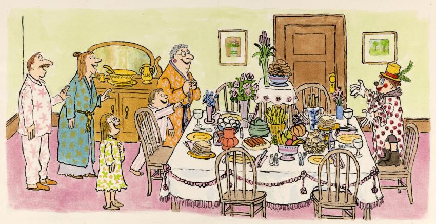 Illustration of people at large feast.