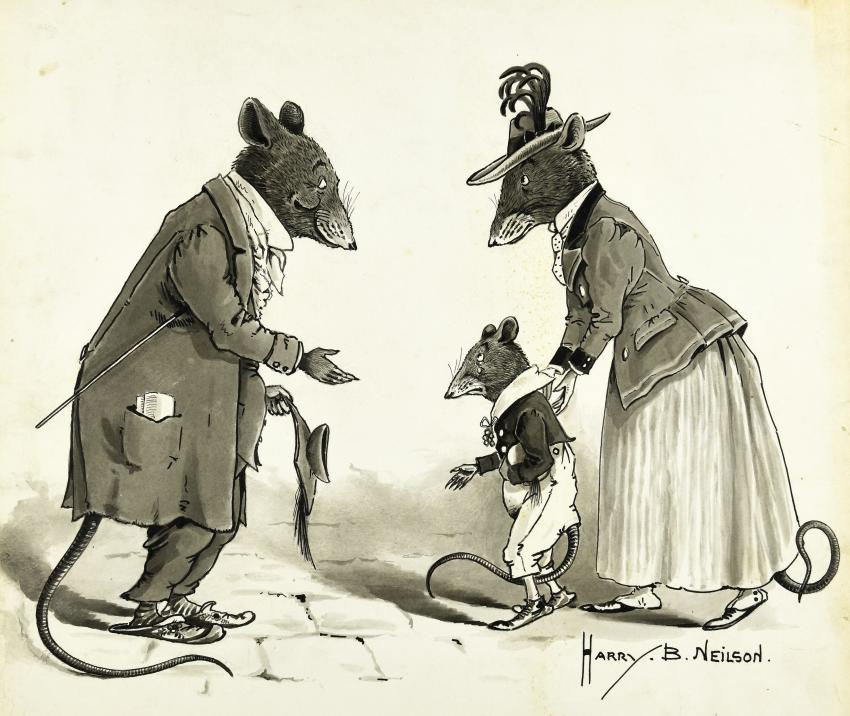 Illustration of two adult mice and child mice in raggedy clothes on street. 