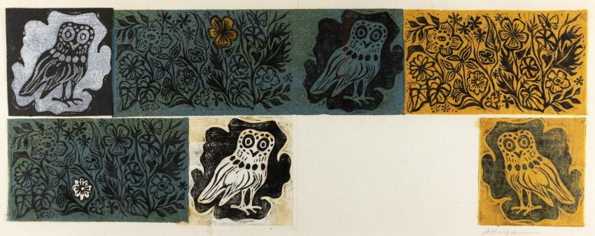 Woodcuts of owls and foiliage in green and yellow. 