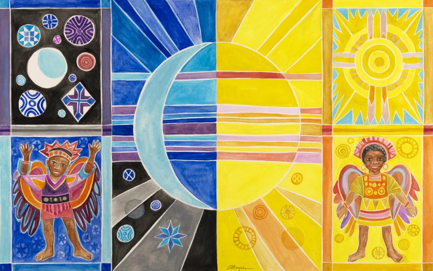Illustration of sun and moon with angels.