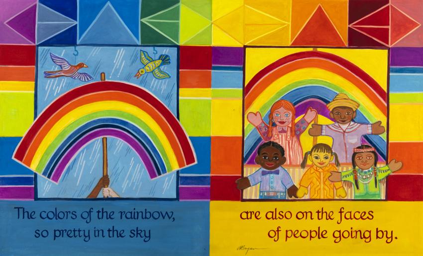 Illustration of rainbows and people. 