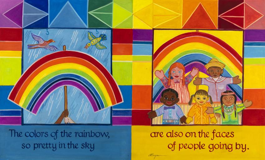Illustration of rainbows and people.