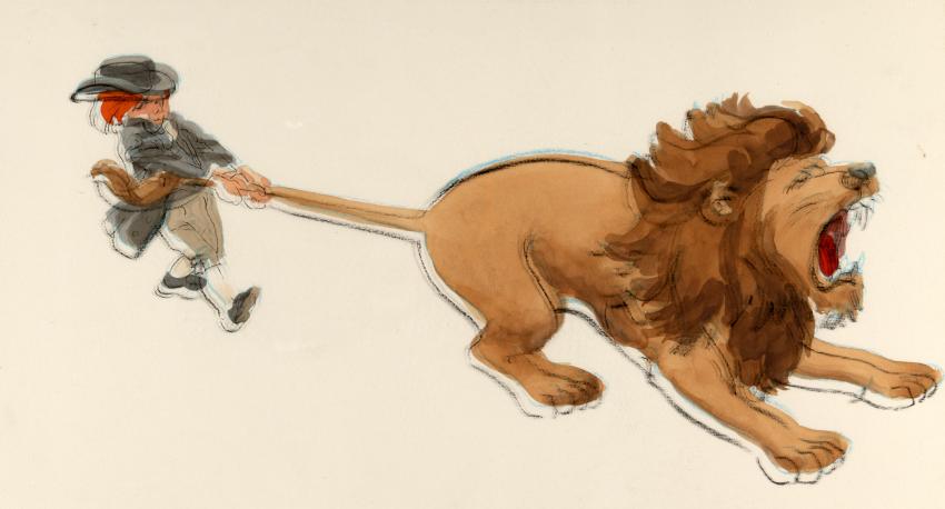 Illustration of boy pulling lion's tail. 