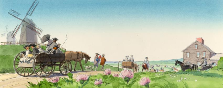 Illustration of rural scene with carriage and windmill. 
