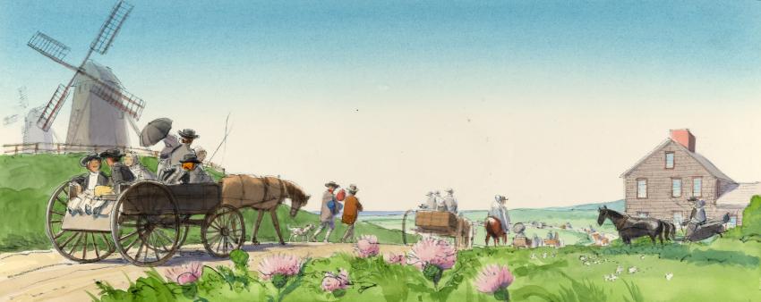 Illustration of rural scene with carriage and windmill.