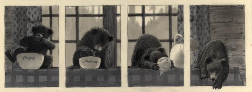 Illustration of bear eating out of bowl in four panels. 