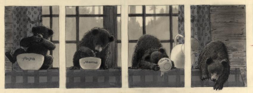 Illustration of bear eating out of bowl in four panels.