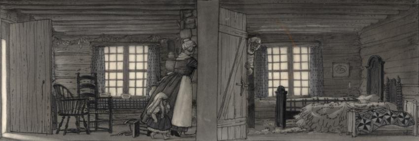 Illustration of dim house interior.