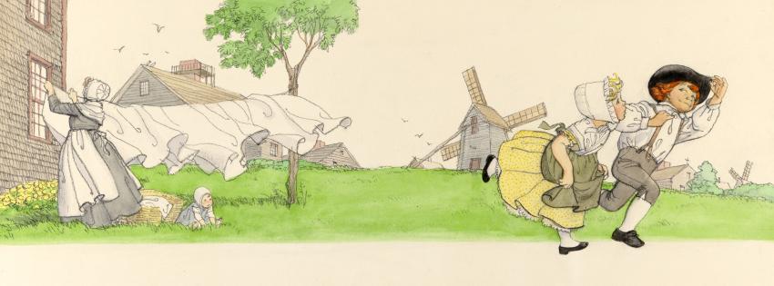 Illustration of two children running.