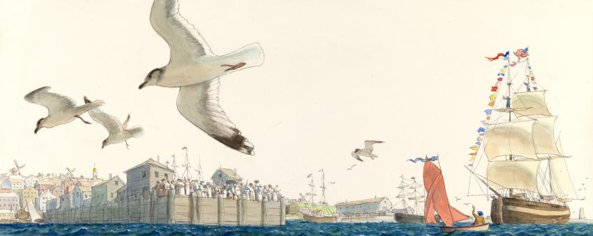Illustration of sail boat pulling into harbor.