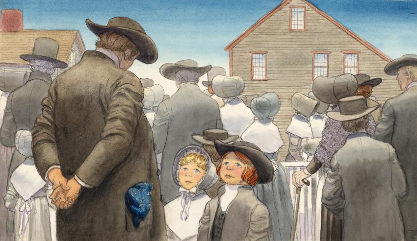 Illustration of two children talking to tall men in town center.