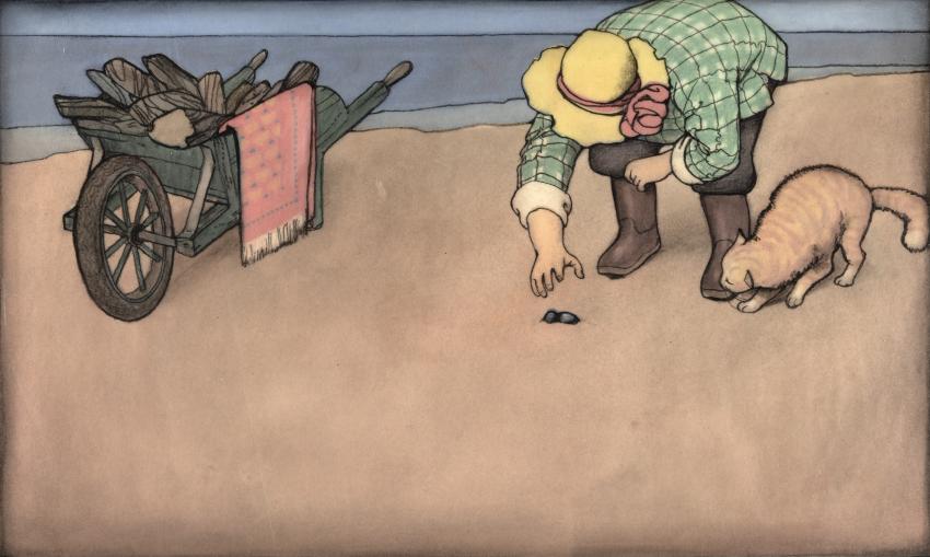Illustration of person with cat on beach looking for junk. 