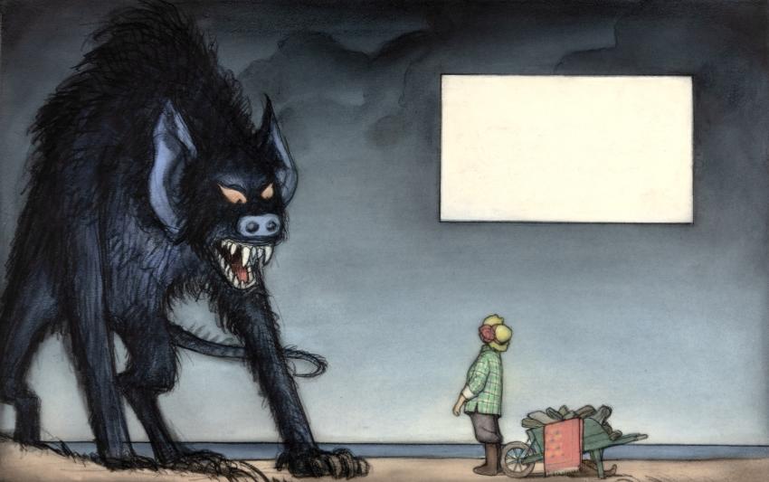 Illustration of person on beach looking at huge black hyena. 