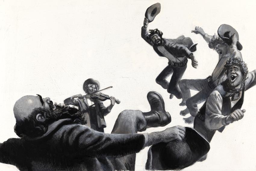 Illustration of cowboys dancing to fiddler. 