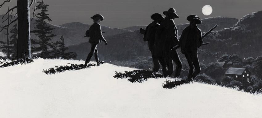 Illustration of cowboys walking into moonlight. 