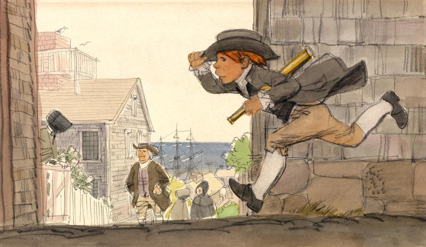 Illustration of boy running down street holding hat. 