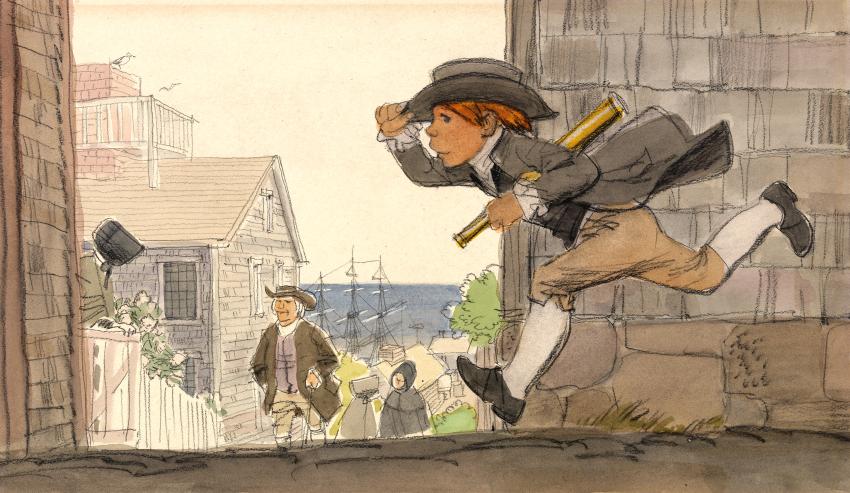 Illustration of boy running down street holding hat.
